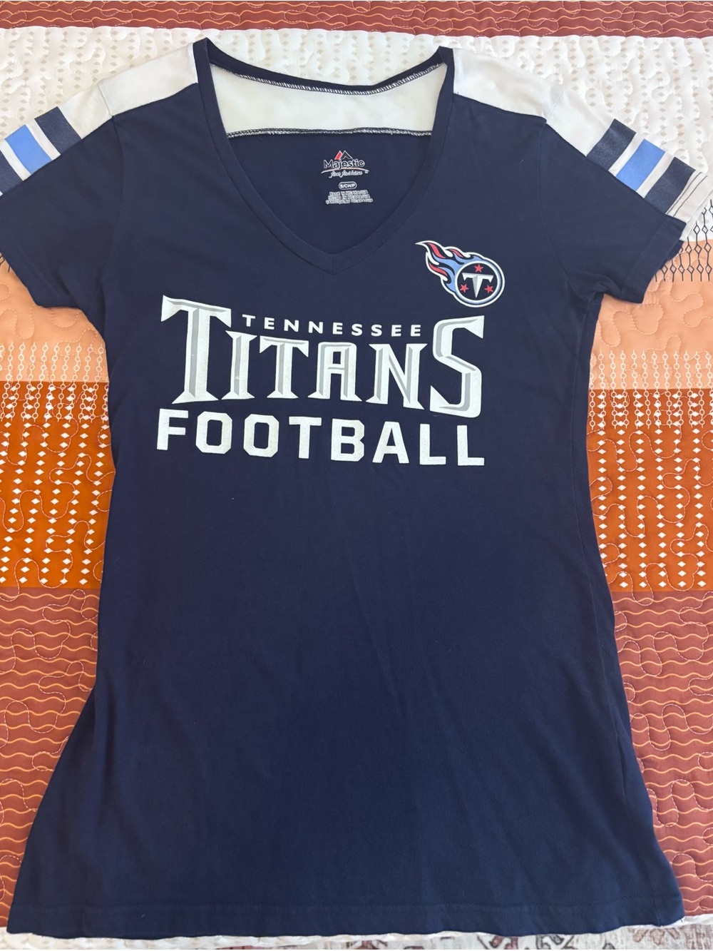 Majestic Navy & White Tennessee Titans V-Neck Kids Tee